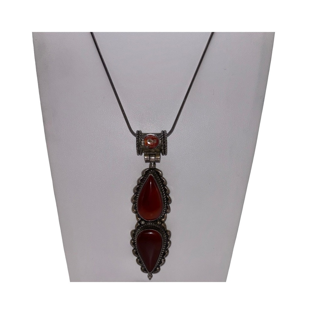 Vintage 925 Sterling Silver Red Carnelian Stone Necklace 15" - Picture 2 of 5